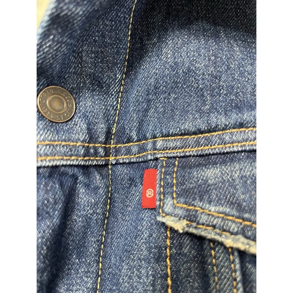 Levis Sherpa Trucker Jacket Men Large Blue Wash Type III Snap Button Whisker